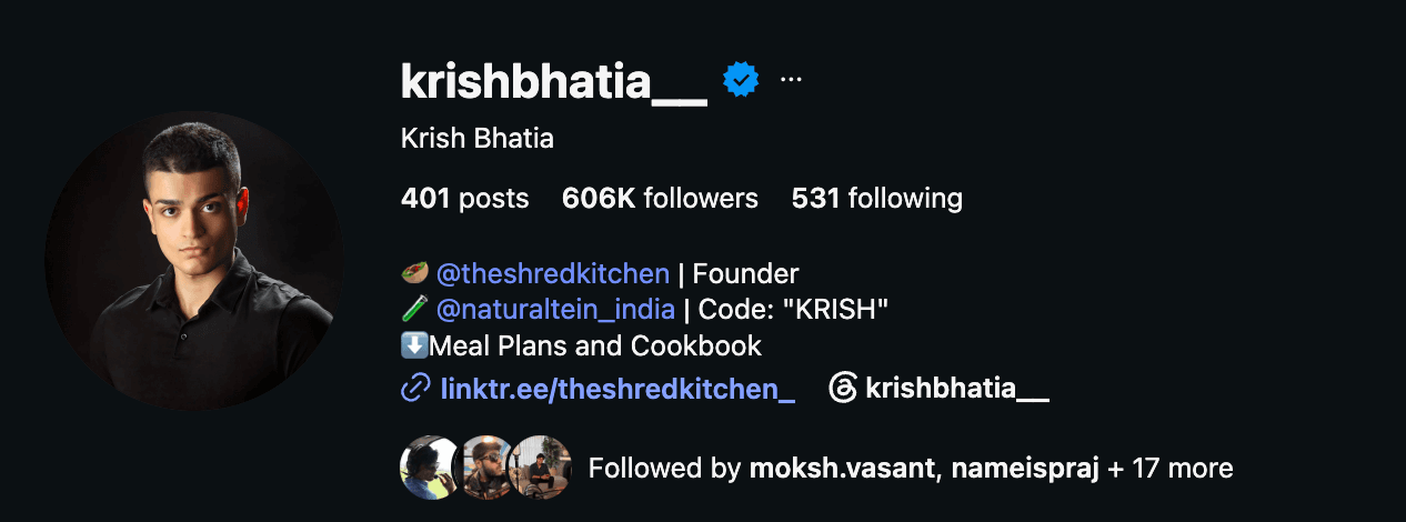 Krish Bhatia, Instagram profile screenshot