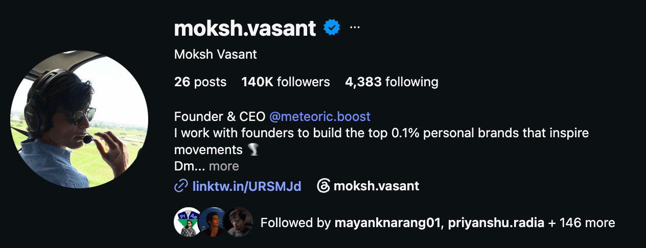 Moksh Vasant, Instagram profile screenshot